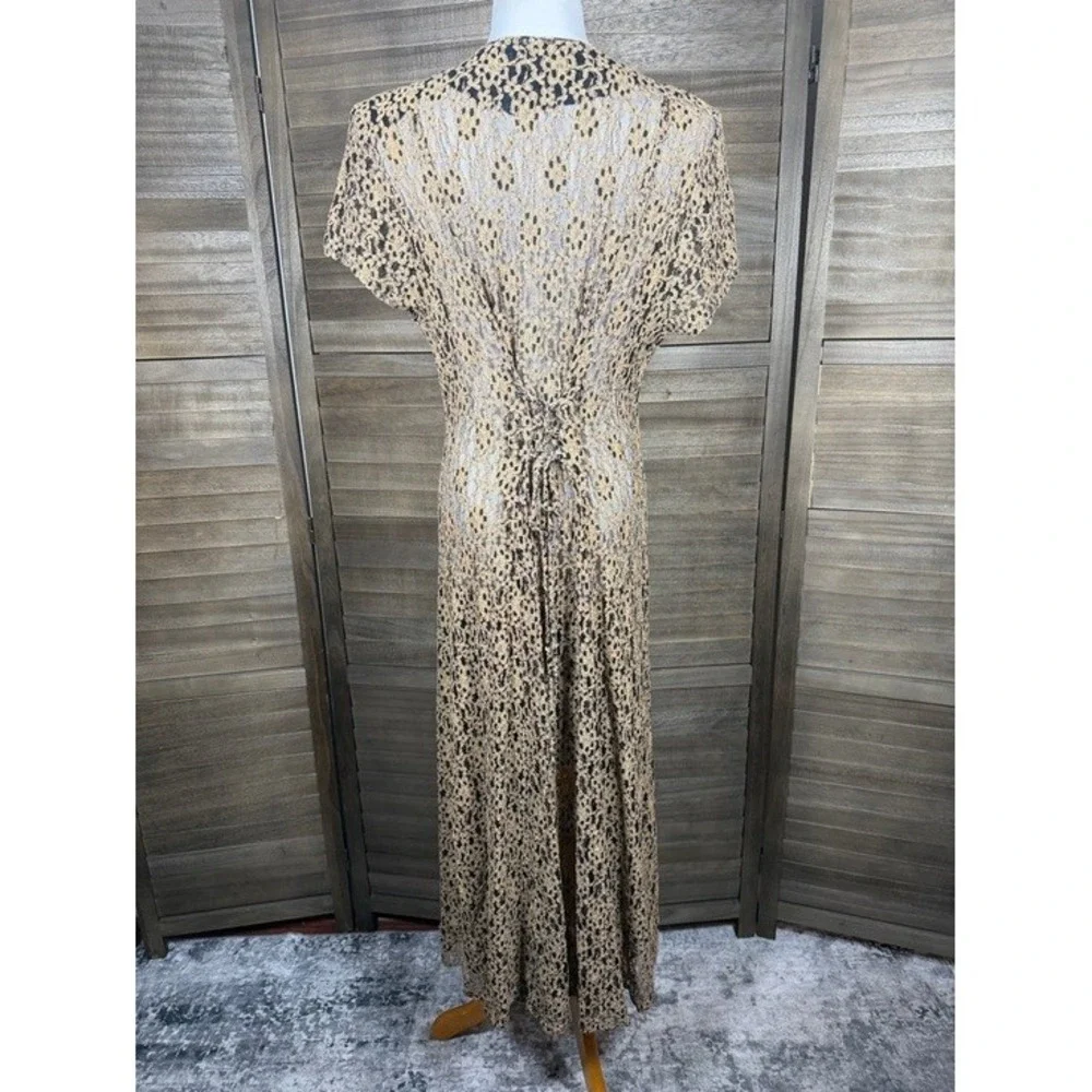 Sheena Los Angeles Women Gold Black Floral Lace Button Front Maxi Dress Back Tie